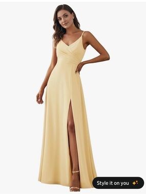 Elegant Yellow V-Neck Bridesmaid Wedding Party Strap Evening Dress